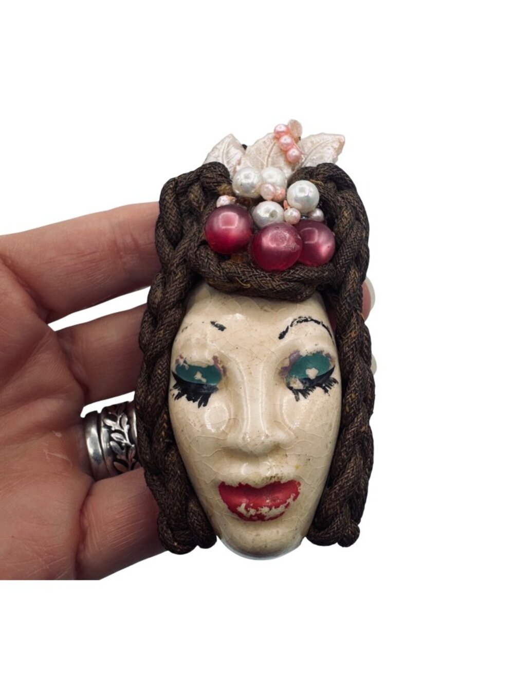 Elzac of Hollywood Victims of Fashion Ceramic Face Brooch Wood Back Vintage 1940